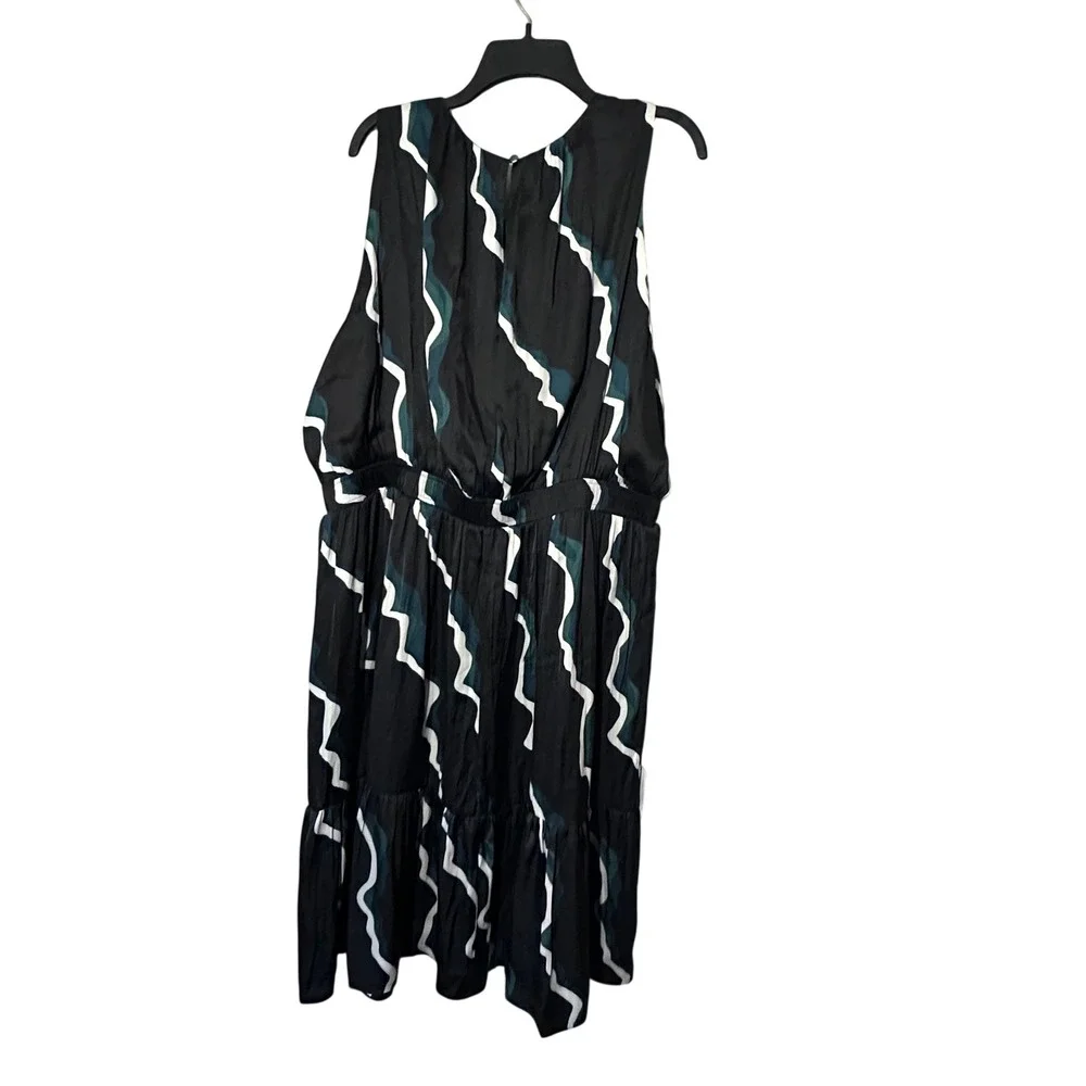 Lane Bryant Women 20 Black Abstract‎ Wave Print Sleeveless Midi Dress Ruffle Hem